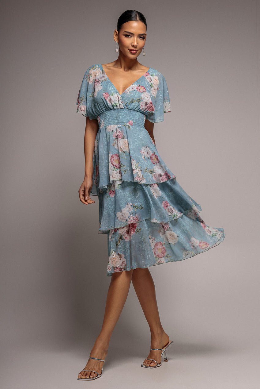 Goddiva Layered Floral Midi With Flutter Sleeves – Airforce Blue