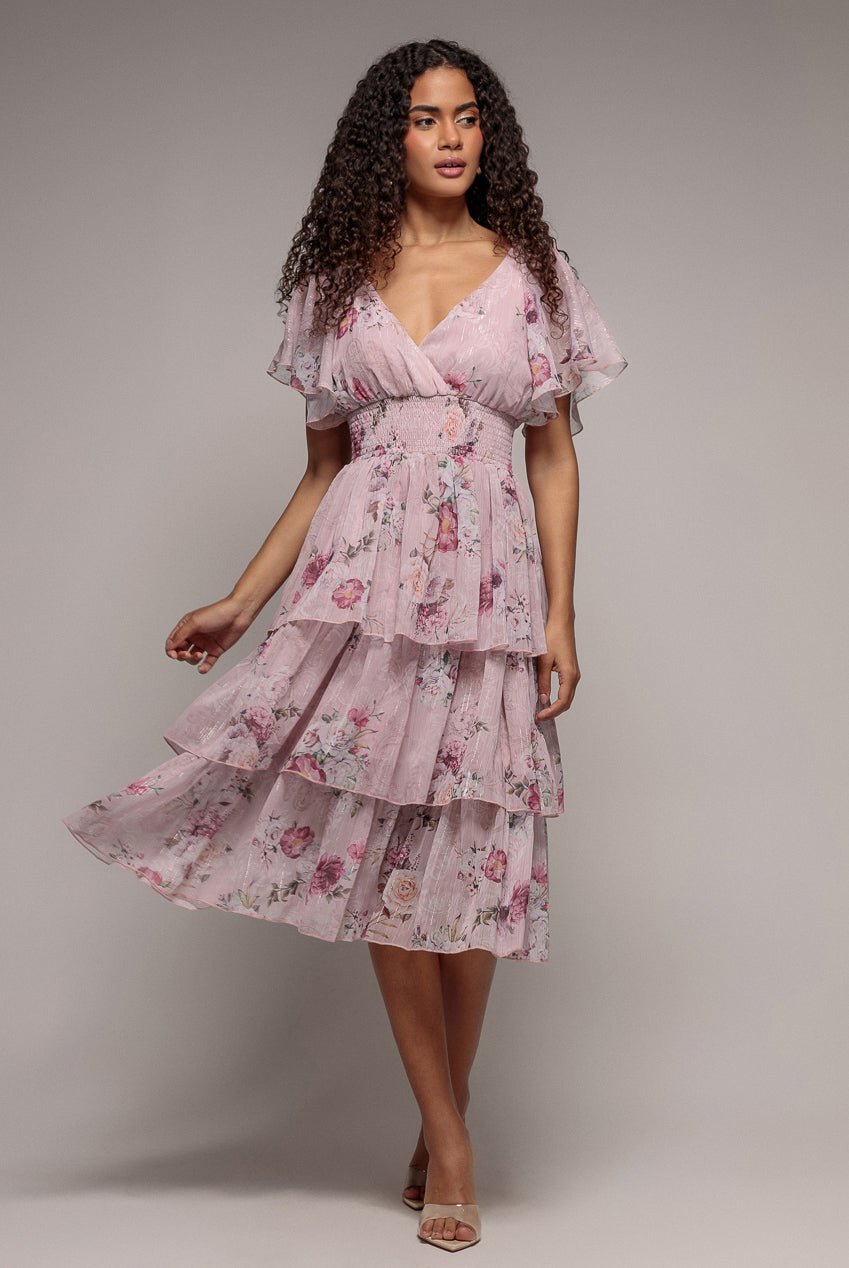 Goddiva Layered Floral Midi With Flutter Sleeves – Blush