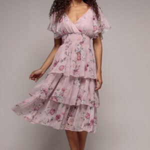 Goddiva Layered Floral Midi With Flutter Sleeves - Blush
