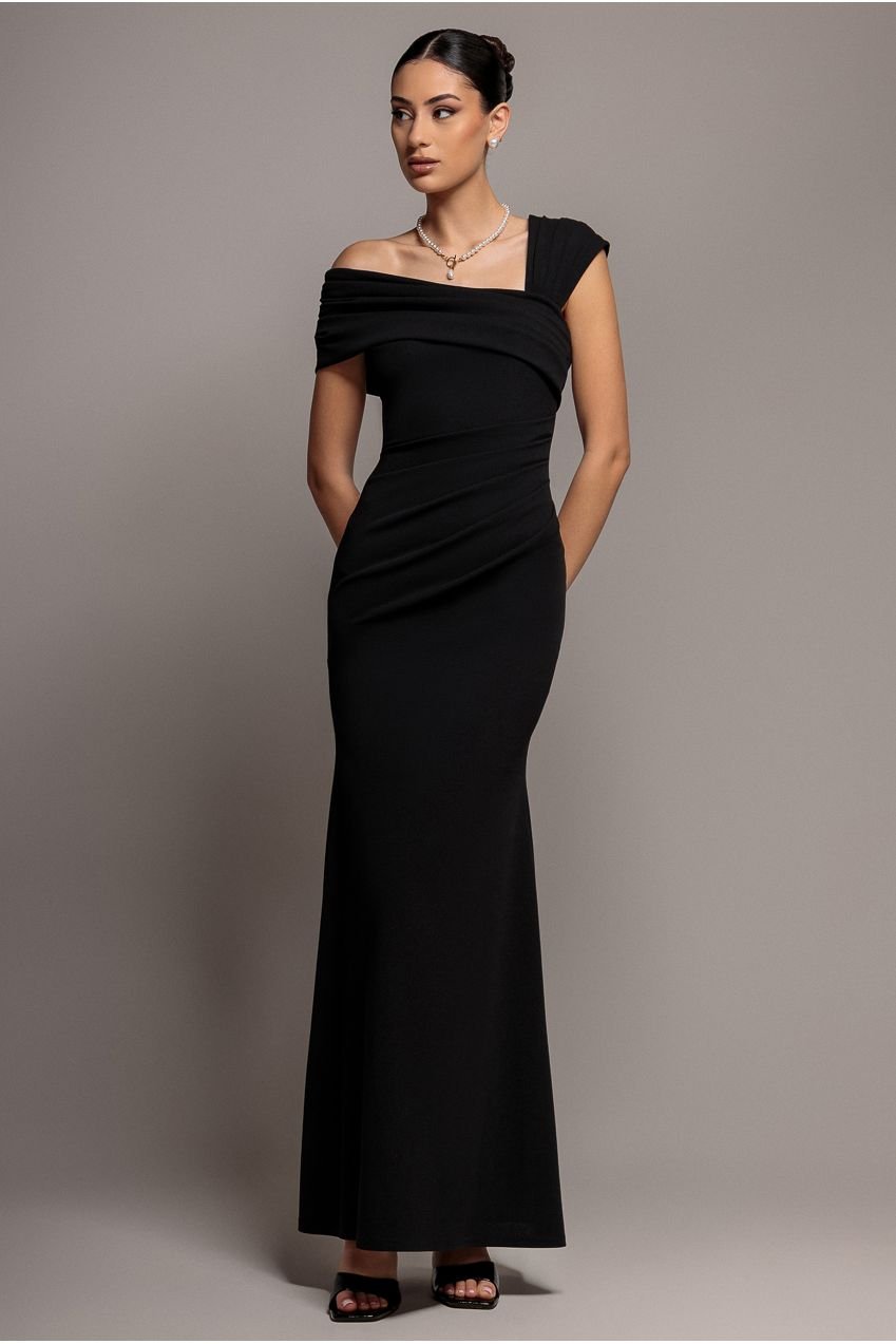 Goddiva One Shoulder Evening Maxi Dress – Black