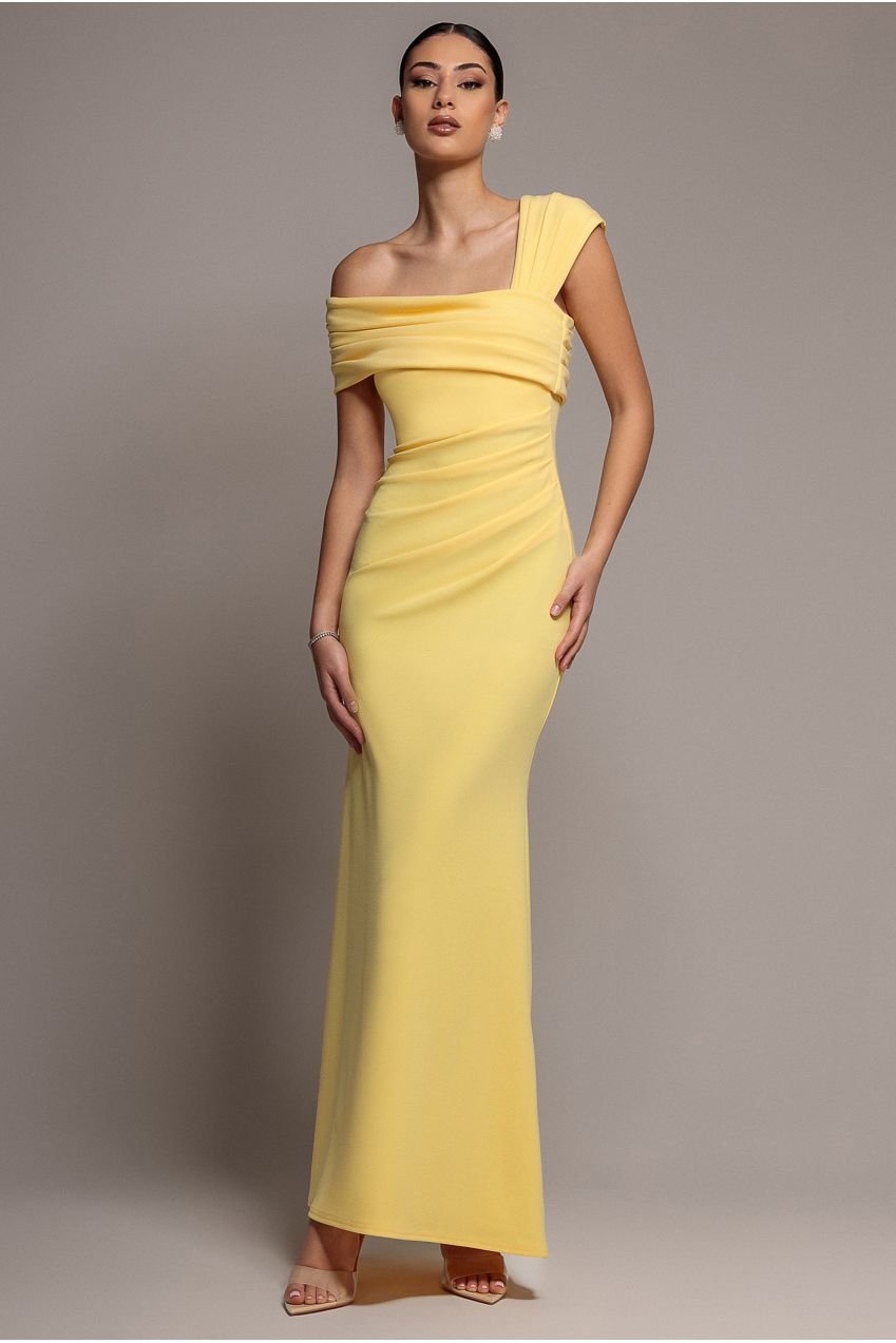 Goddiva One Shoulder Asymmetric Scuba Crepe Maxi Dress – Butter Yellow