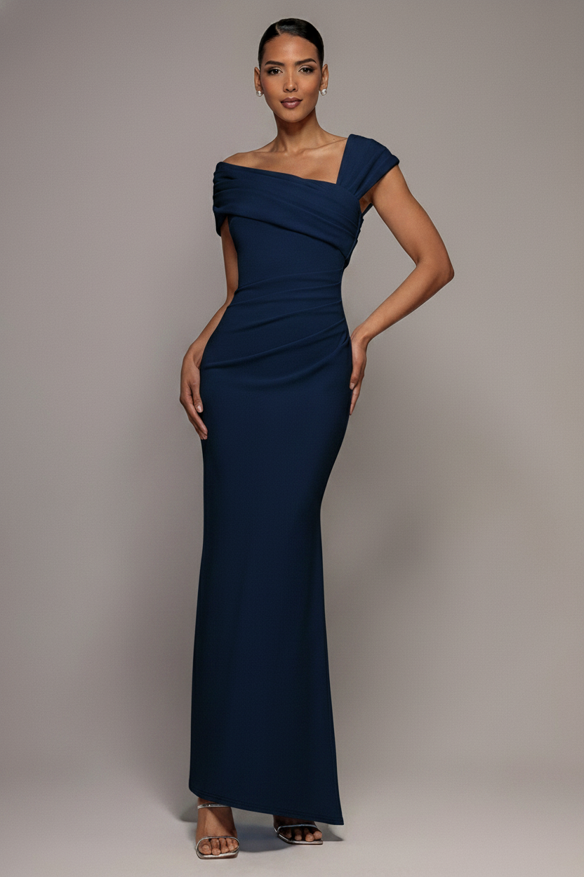 Goddiva One Shoulder Evening Maxi Dress – Navy