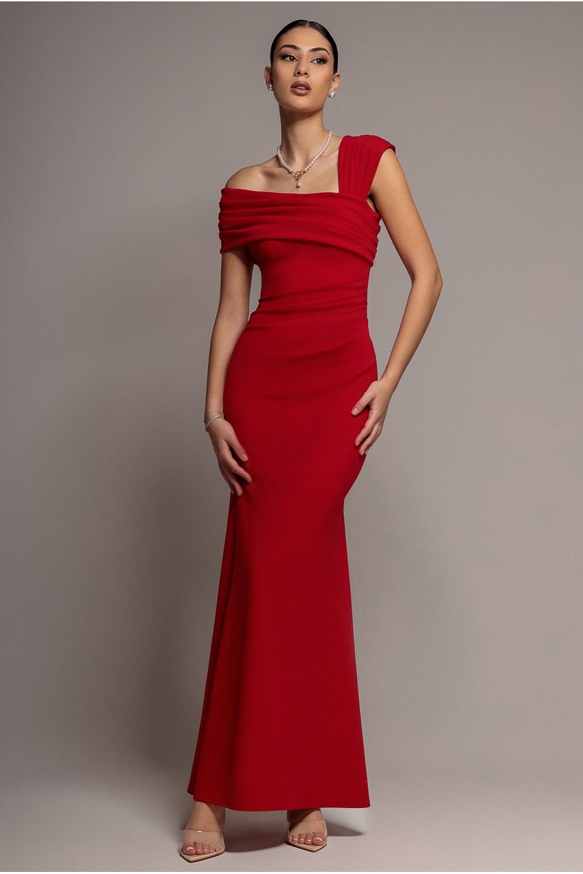 Goddiva One Shoulder Evening Maxi Dress – Red