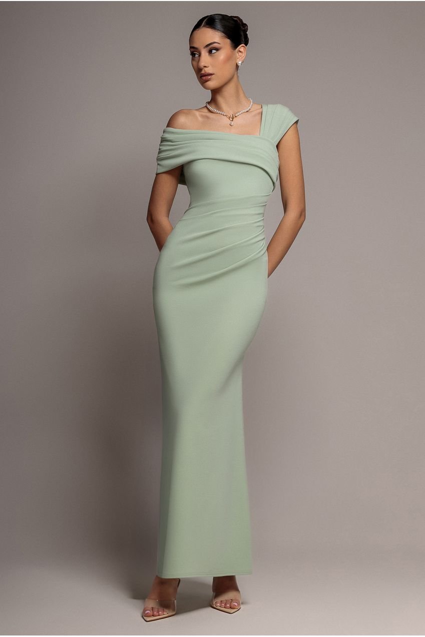Goddiva One Shoulder Asymmetric Scuba Crepe Maxi Dress – Sage Green