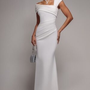 Goddiva One Shoulder Asymmetric Scuba Crepe Maxi Dress - White