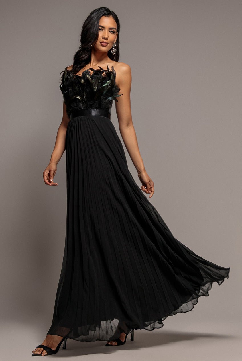 Goddiva Feather Off The Shoulder Pleated Evening Maxi Dress – Black
