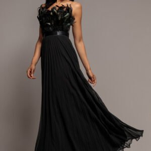 Goddiva Feather Off The Shoulder Pleated Evening Maxi Dress - Black