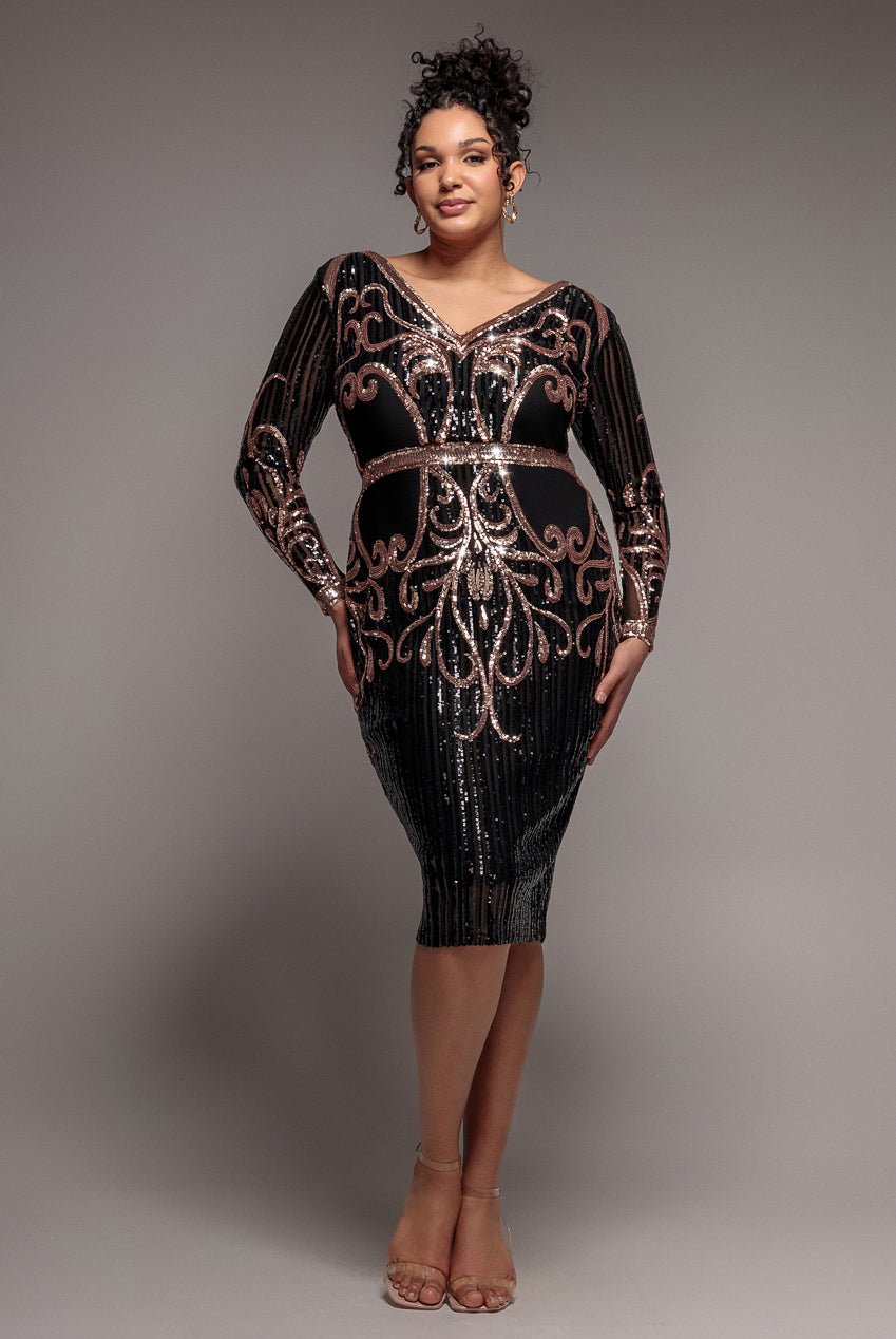 Goddiva Plus Sequin Mesh V Neck Midi Dress – Black