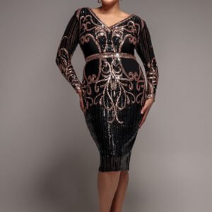 Goddiva Plus Sequin Mesh V Neck Midi Dress - Black