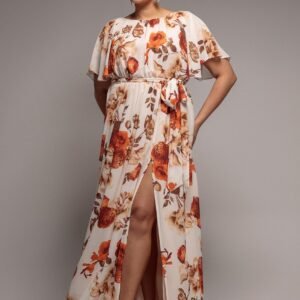 Goddiva Plus Wrap Back Flutter Sleeve Maxi - Beige
