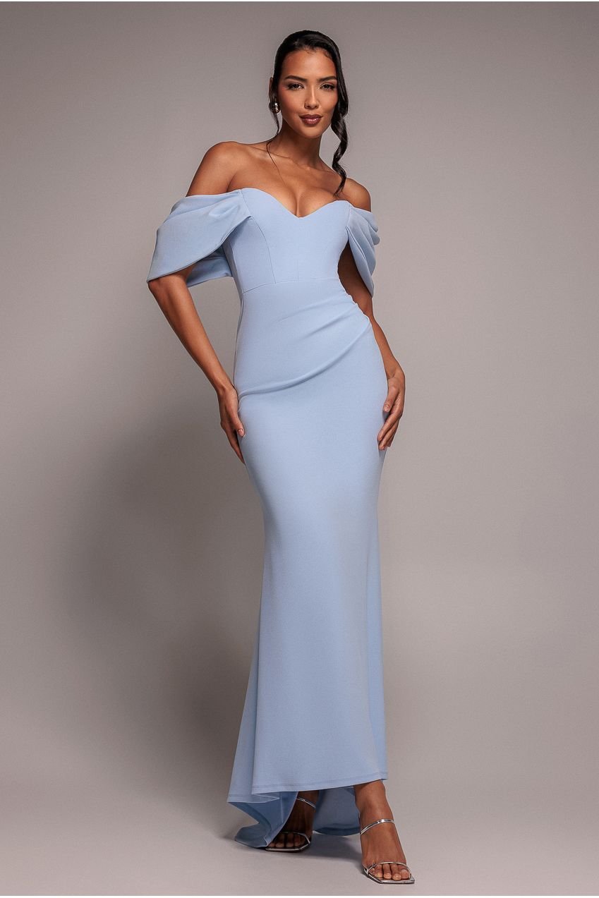 Goddiva Off The Shoulder Draped Sleeve Maxi Dress – Blue