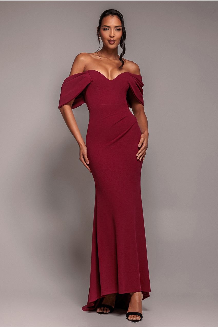 Goddiva Off The Shoulder Draped Sleeve Maxi Dress – Burgundy