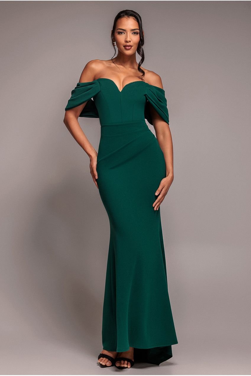 Goddiva Off The Shoulder Draped Sleeve Maxi Dress – Emerald Green