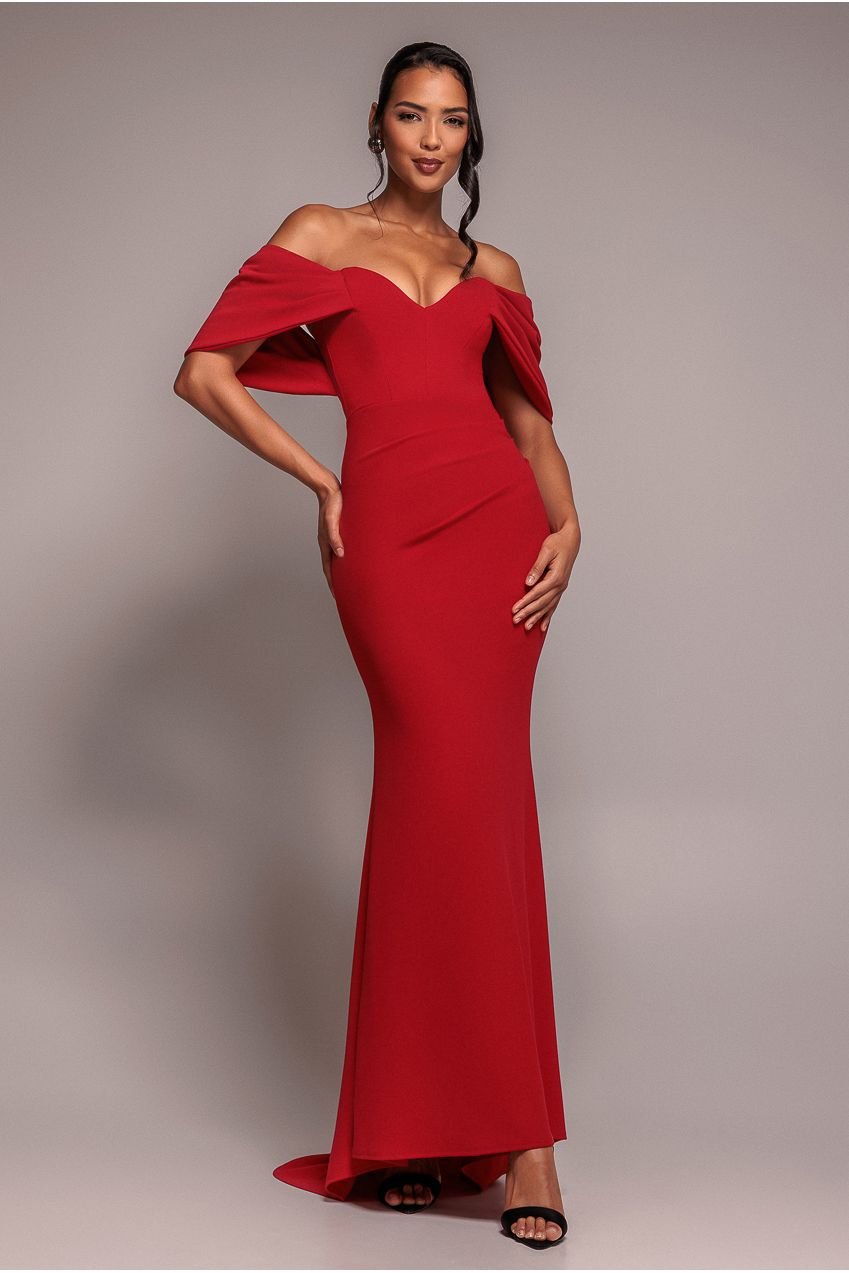 Goddiva Off The Shoulder Draped Sleeve Maxi Dress – Red
