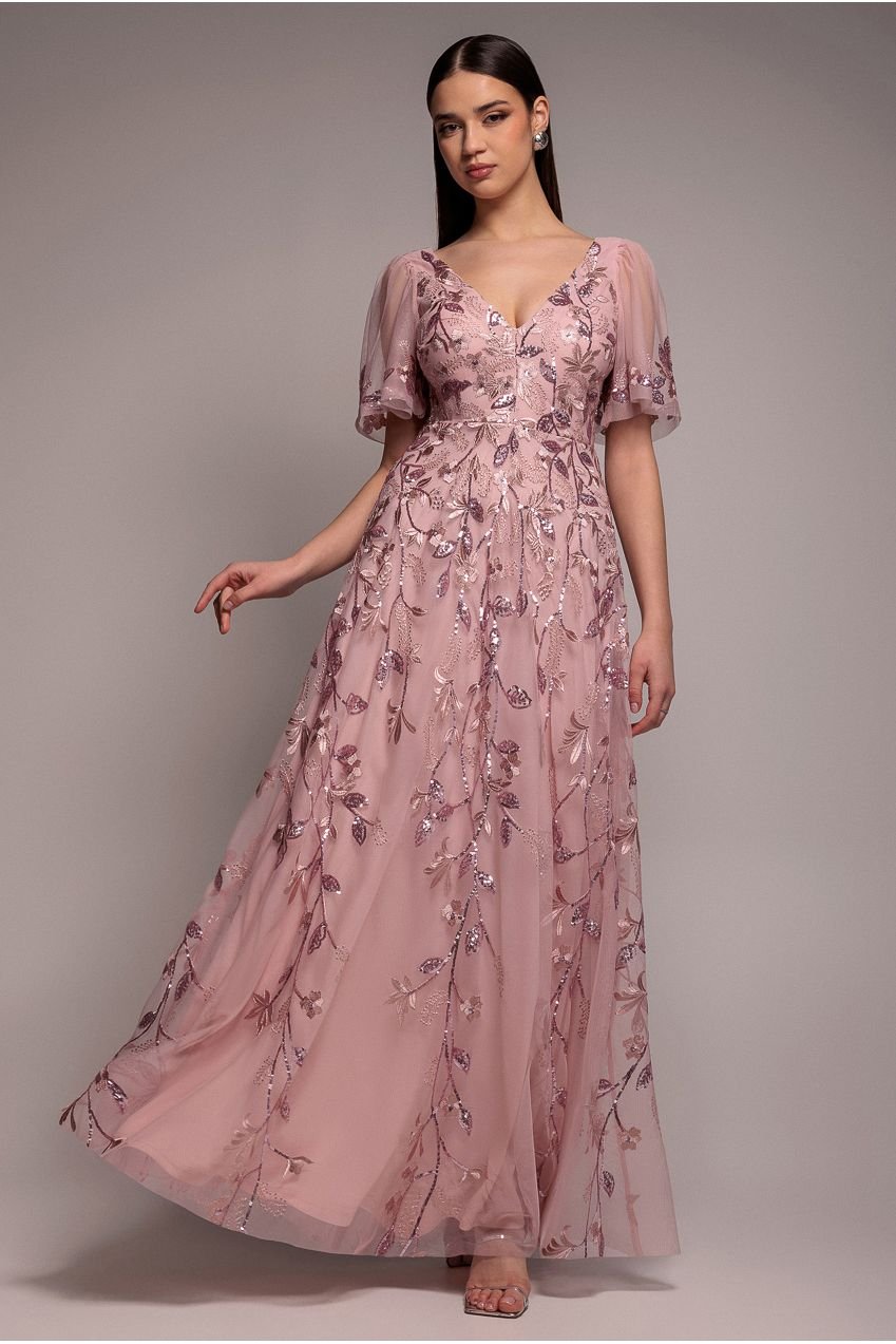 Goddiva Flared Sleeve Embroidered Maxi Dress – Blush