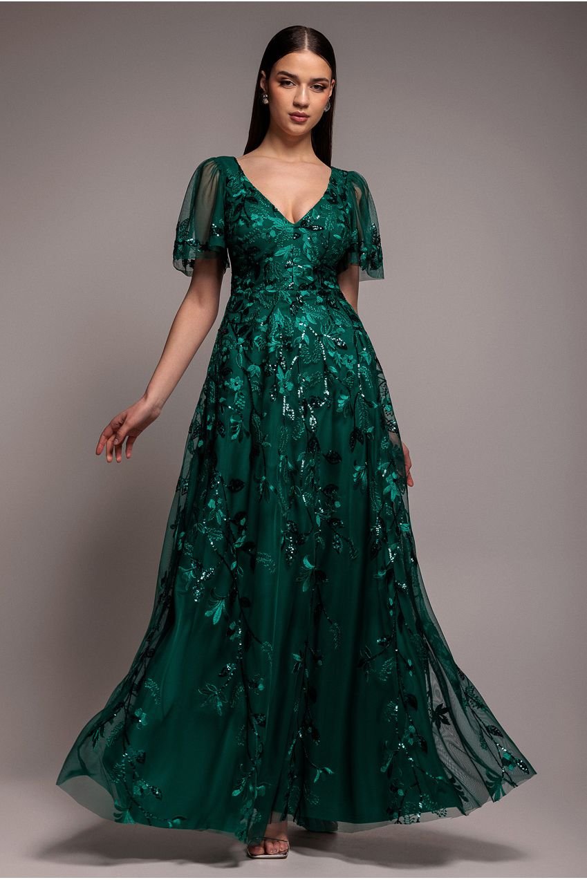 Goddiva Flared Sleeve Embroidered Maxi Dress – Emerald Green