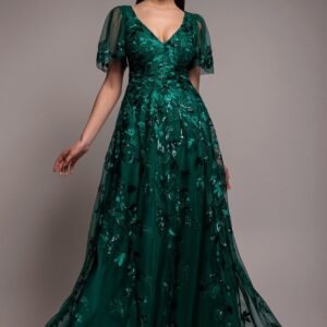 Goddiva Flared Sleeve Embroidered Maxi Dress - Emerald Green