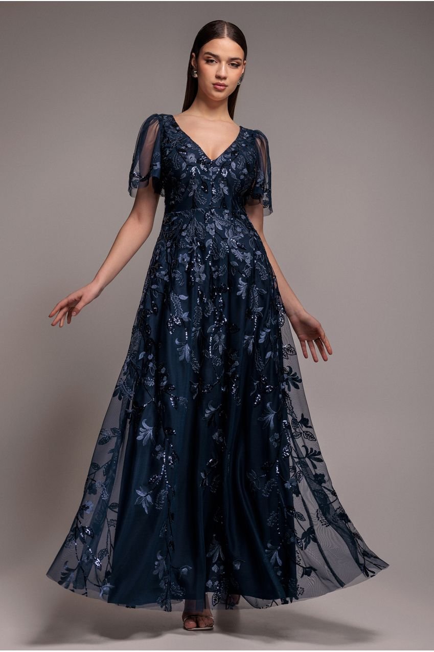 Goddiva Flared Sleeve Embroidered Maxi Dress – Navy Blue