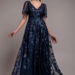 Goddiva Flared Sleeve Embroidered Maxi Dress - Navy Blue