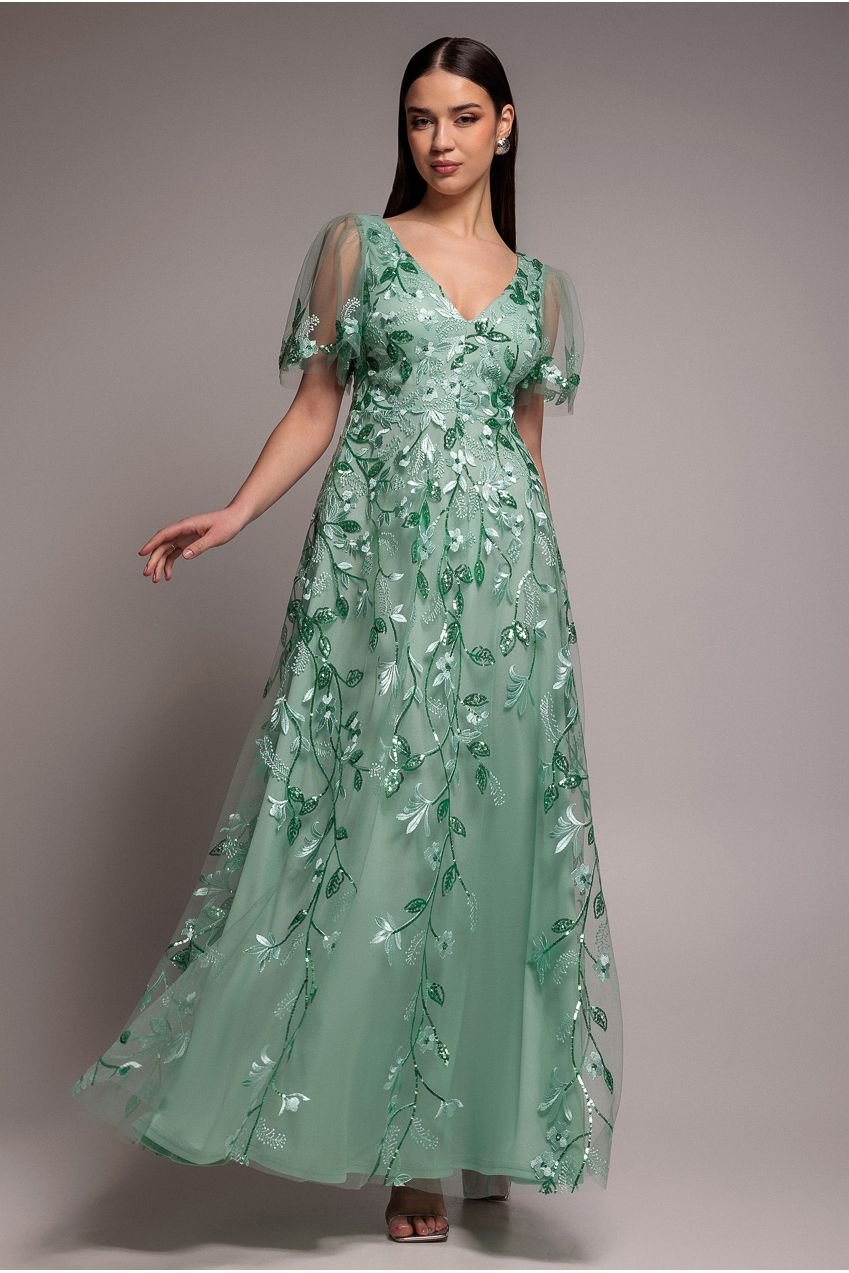 Goddiva Flared Sleeve Embroidered Maxi Dress – Sage Green