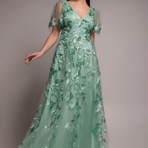 Goddiva Flared Sleeve Embroidered Maxi Dress - Sage Green