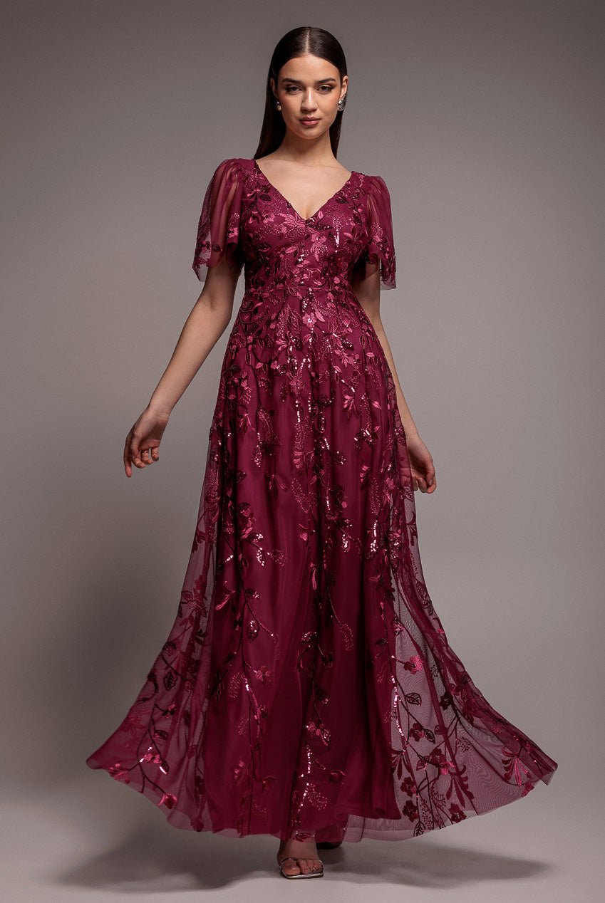 Goddiva Flared Sleeve Embroidered Maxi Dress – Magenta