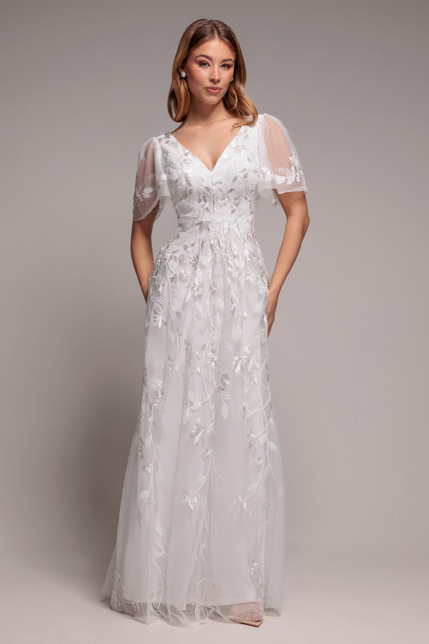 Goddiva Flared Sleeve Embroidered Maxi Dress – White