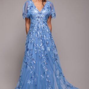 Goddiva Flared Sleeve Embroidered Maxi Dress - Cornflower Blue