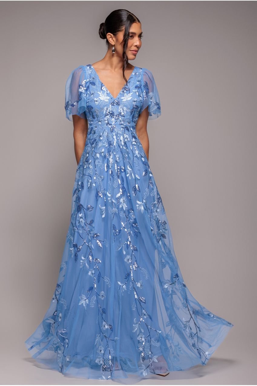 Goddiva Flared Sleeve Embroidered Maxi Dress – Cornflower Blue