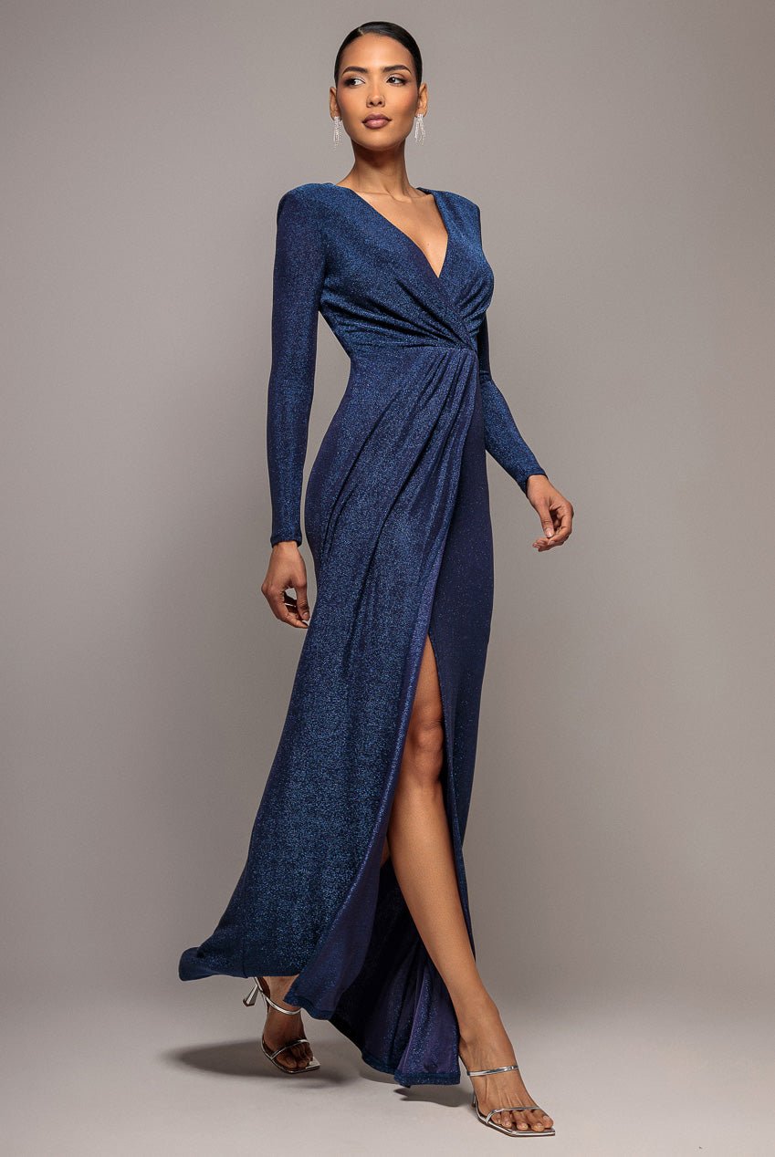 Goddiva Plunge Neck Wrap Front Split Lurex Maxi Dress – Navy Blue