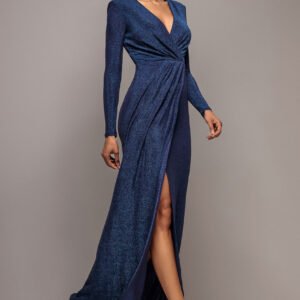 Goddiva Plunge Neck Wrap Front Split Lurex Maxi Dress - Navy Blue