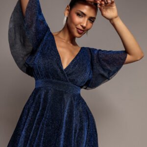 Goddiva Sparkle Lurex Wrap Mini Skater Dress - Navy Blue