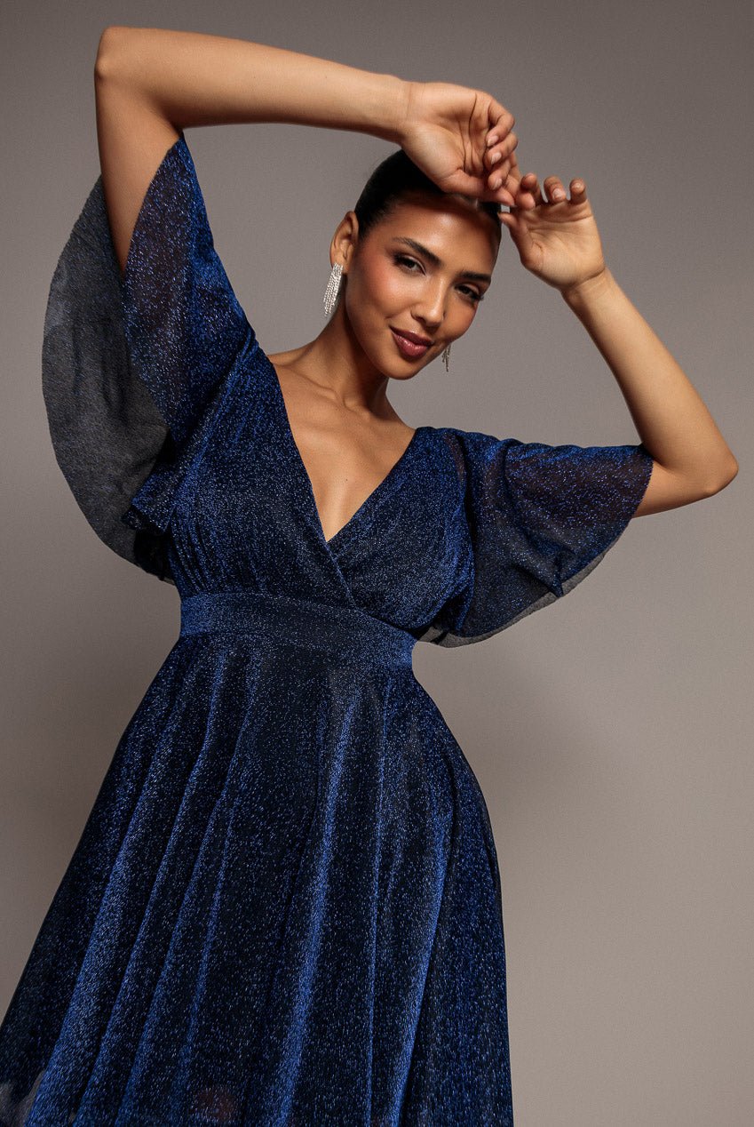 Goddiva Sparkle Lurex Wrap Mini Skater Dress – Navy Blue