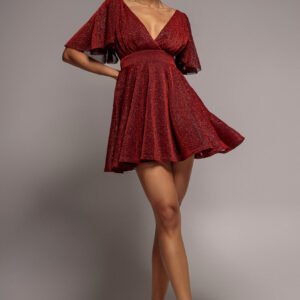 Goddiva Sparkle Lurex Wrap Mini Skater Dress - Red
