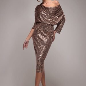 Goddiva Sequin Cowl Neck Midi Dress - Champagne