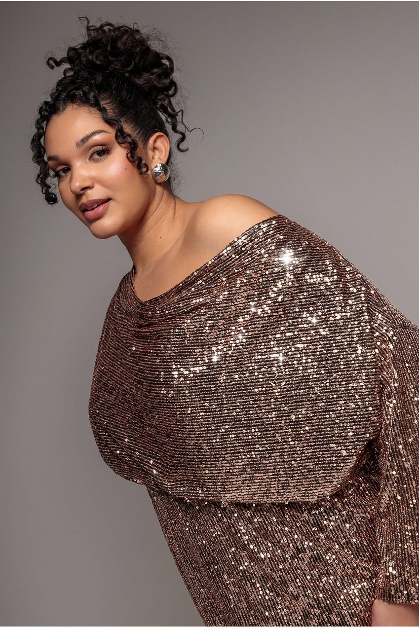 Goddiva Plus Sequin Cowl Neck Midi Dress – Champagne