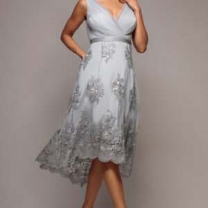 Goddiva Pleated Satin Bodice High And Low Dress - Gray