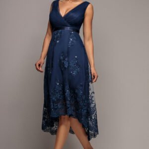 Goddiva Pleated Satin Bodice High And Low Dress - Navy
