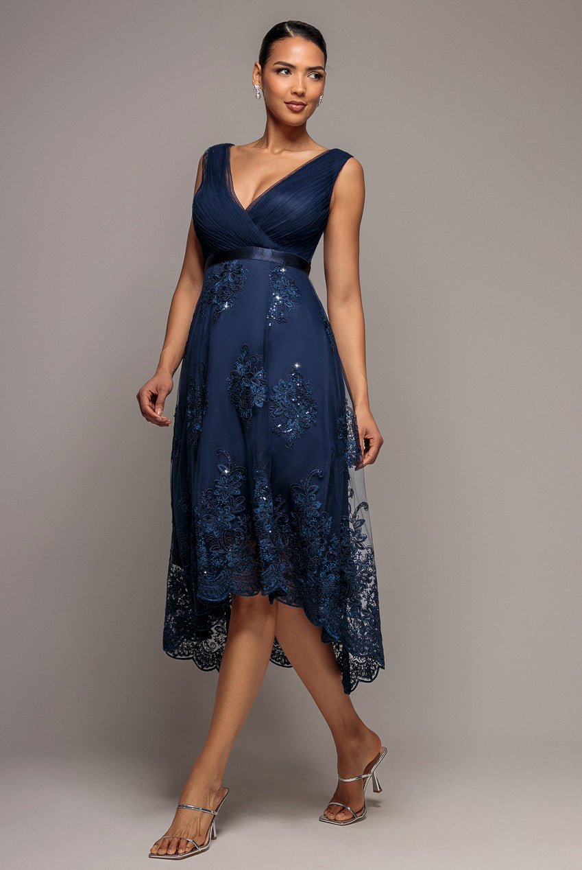 Goddiva Pleated Satin Bodice High And Low Dress – Navy