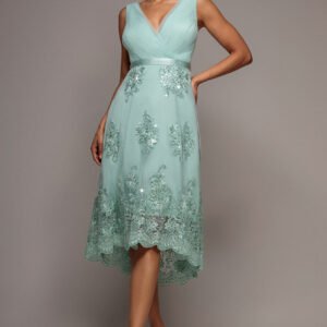 Goddiva Pleated Satin Bodice High And Low Dress - Sage Green