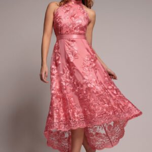 Goddiva Halter Neck Lace High And Low Dress - Coral