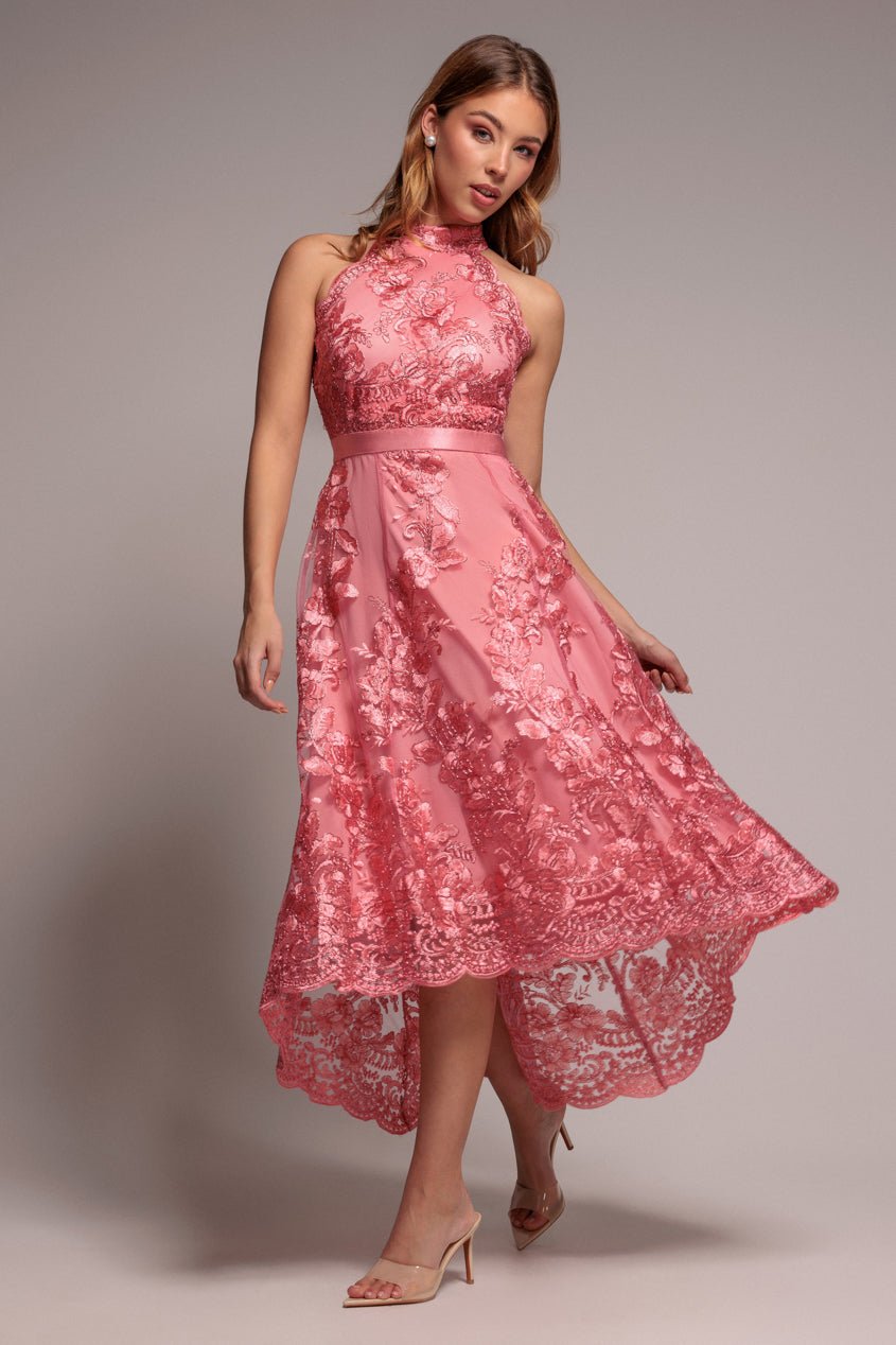 Goddiva Halter Neck Lace High And Low Dress – Coral