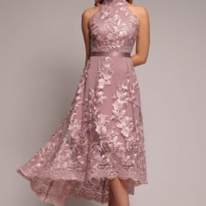 Goddiva Halter Neck Lace High And Low Dress - Pink