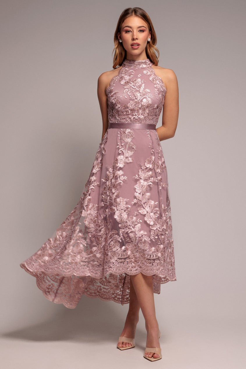 Goddiva Halter Neck Lace High And Low Dress – Pink