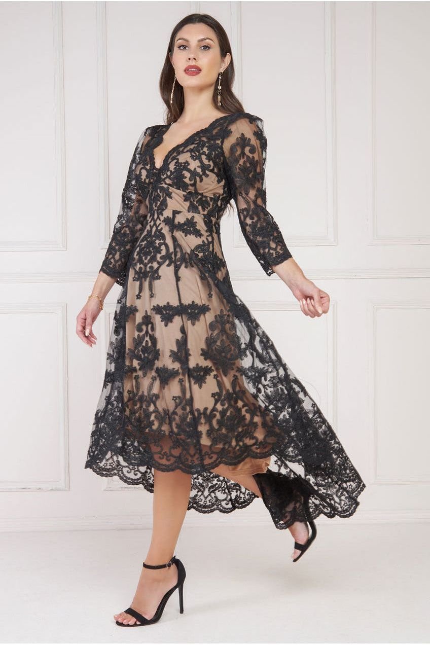 Goddiva Scalloped Lace Dipped Hem Midi Dress – Black