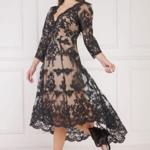 Goddiva Scalloped Lace Dipped Hem Midi Dress - Black