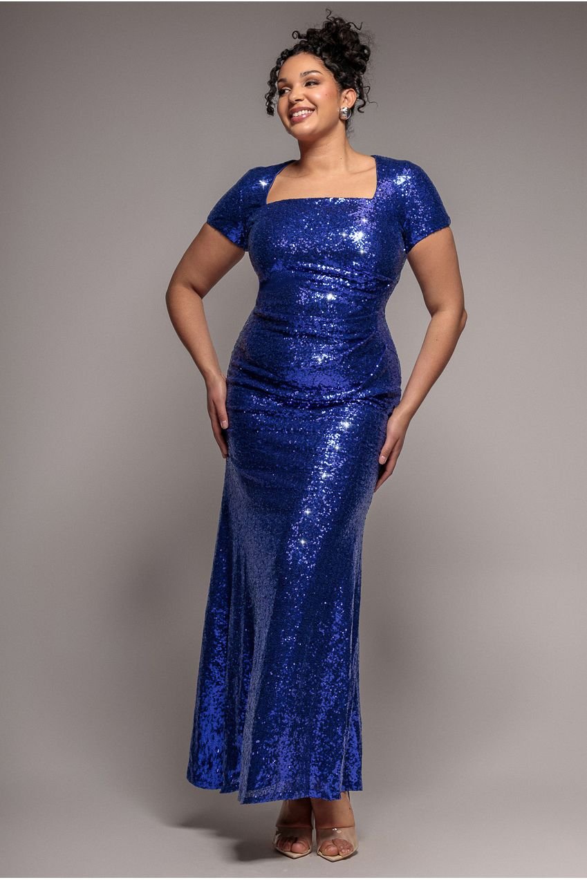 Goddiva Plus Sequin Portrait Neckline Maxi Dress – Royal Blue