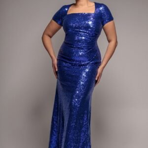 Goddiva Plus Sequin Portrait Neckline Maxi Dress - Royal Blue
