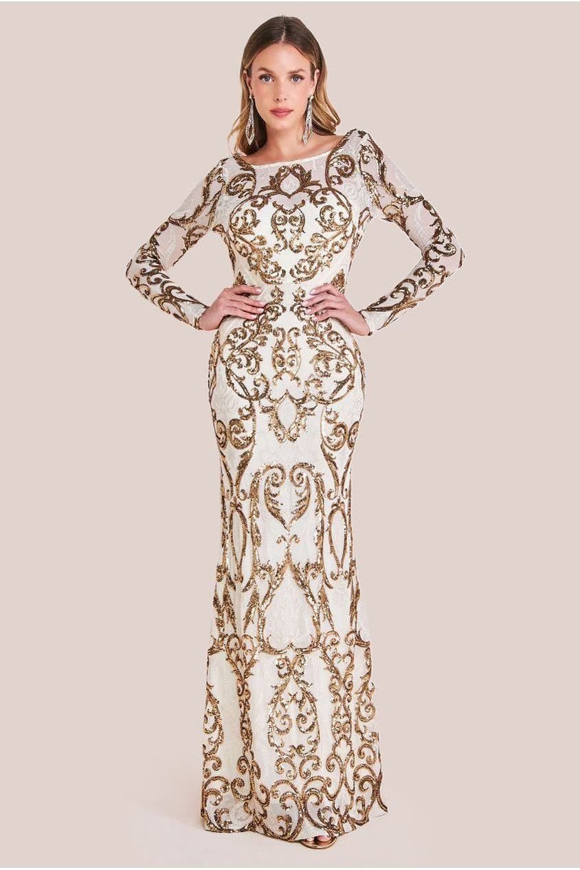 Goddiva Sequin Cowl Back Maxi –  Cream