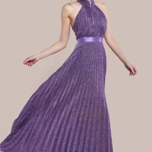 Goddiva Lurex Halterneck Pleated Maxi Dress - Purple